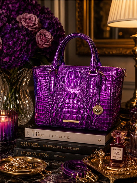 Brahmin Handbags - Brahmin Metallic Purple Croc-Embossed Satchel